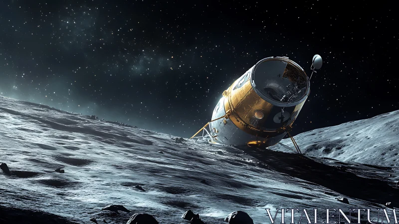 Lunar surface with toppled spacecraft module under starlit sky.