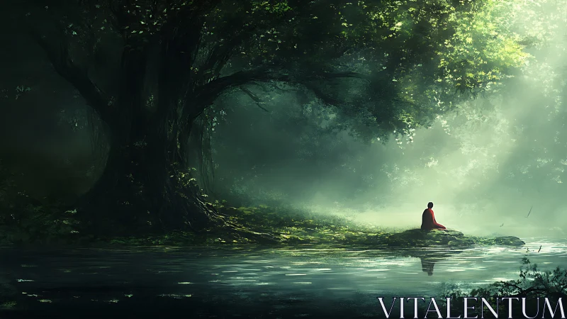 Solitary monk meditates beside misty forest river