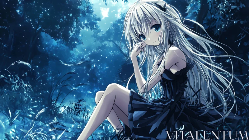 Silver haired anime girl seated in dense blue forest at night.