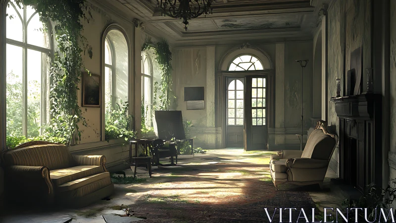 Sunlit abandoned parlor gently reclaimed by trailing greenery