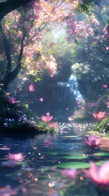 Digital rendering depicts floral river scene with soft lighting