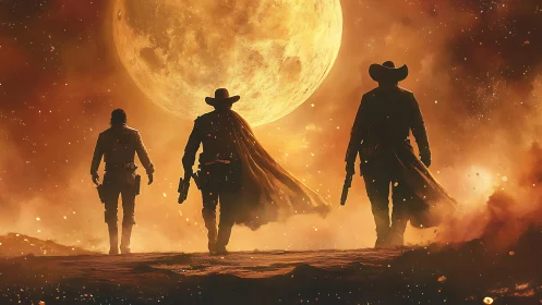 Gun-slinging outlaws stride toward a giant glowing moon.
