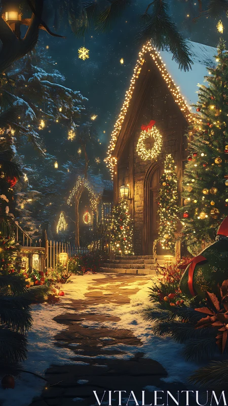 Cozy winter cottage glowing with twinkling Christmas lights.