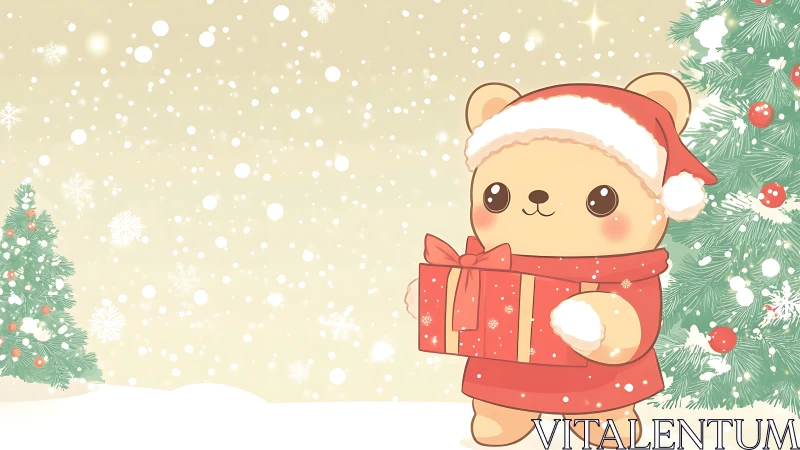 Cute Christmas bear holding gift in snowy landscape.