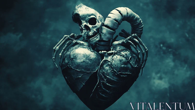 Skeletal creature clutching cracked stone heart in teal void.