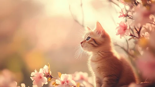 Ginger Kitten Among Pink Spring Blossoms.