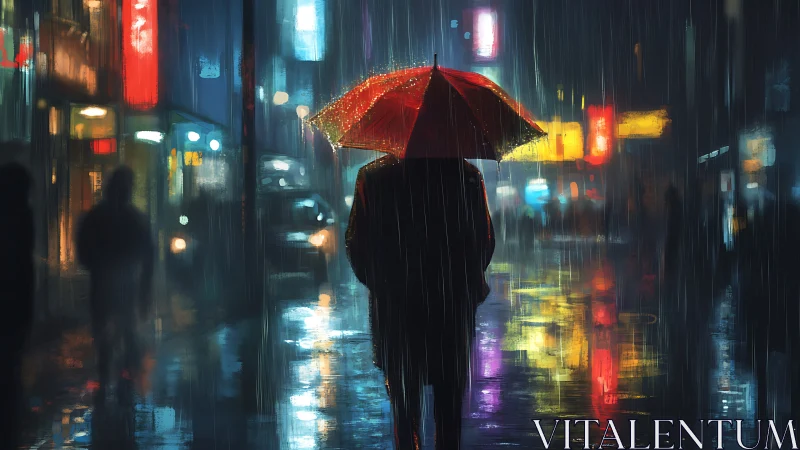 Backlit pedestrian with red umbrella in neon‑lit nocturnal rain