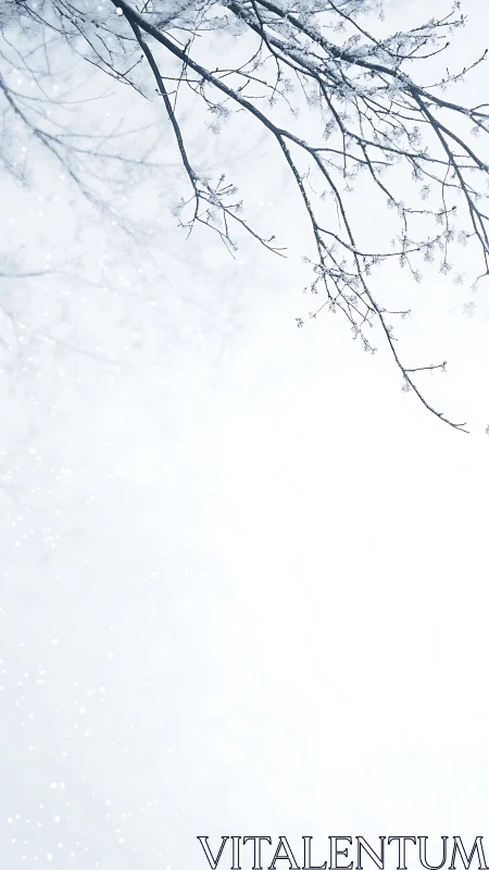 Snow covered winter branches frame bright overexposed sky