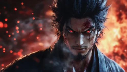 Volatile crimson-eyed warrior amid combustion plume backdrop.