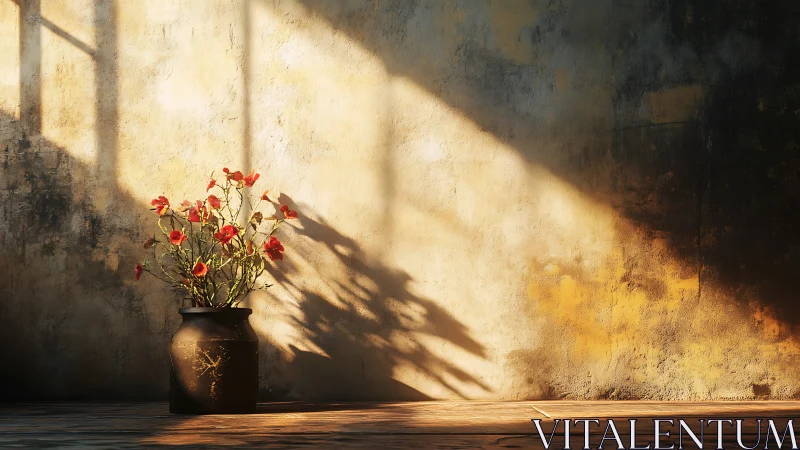 Sunlit red flowers cast long shadows on a rustic wall.