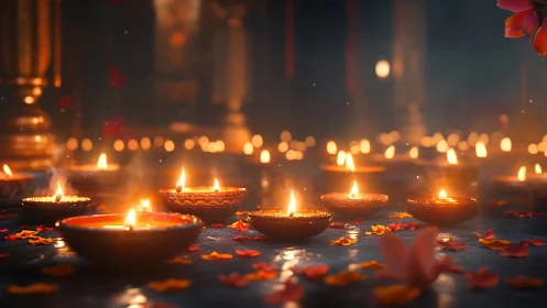 Diwali oil lamps glowing over petals in soft bokeh haze.