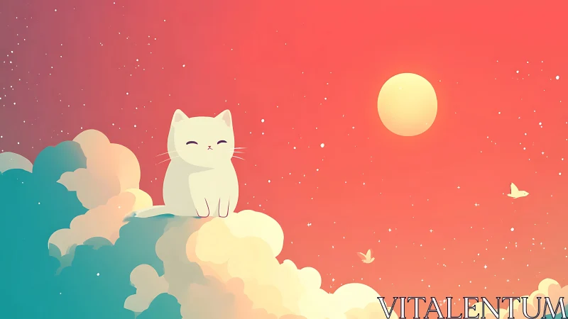 White cat sitting contentedly on clouds under coral sunset sky.