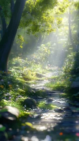 Sunlit Forest Stream Path.