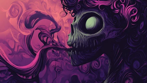 Neon skeletal portrait extrudes swirling vapor in high-contrast vectors