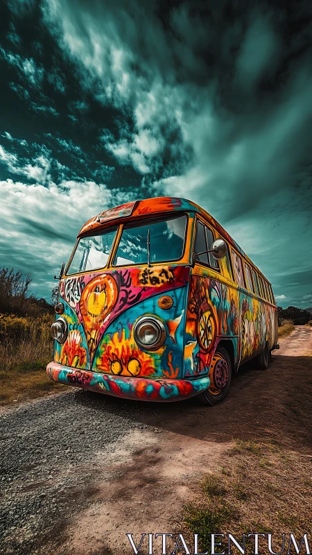 Psychedelic camper van blazes under dramatic storm sky.