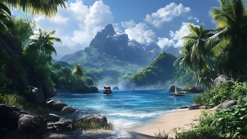 Tropical Island Paradise With Misty Mountains.