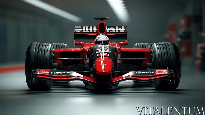 Front-view render of high-downforce red Formula race car.