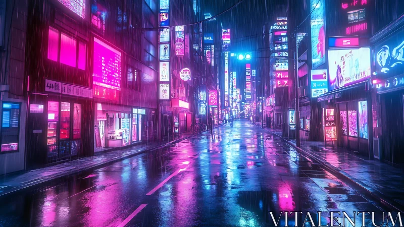 Neon soaked rainy city street with glowing empty road.