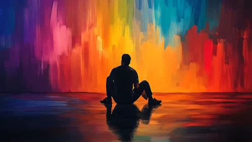 Digital painting of seated silhouette before chromatic wall.