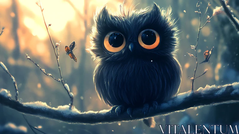 Adorable Big-Eyed Owl on Snowy Branch in Dreamy Fantasy Style.