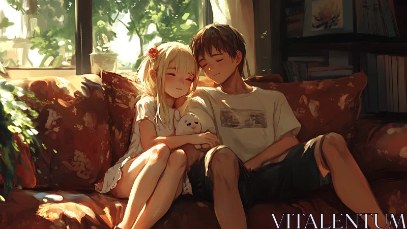Couple on Couch in Sunlit Room with Books and Plants