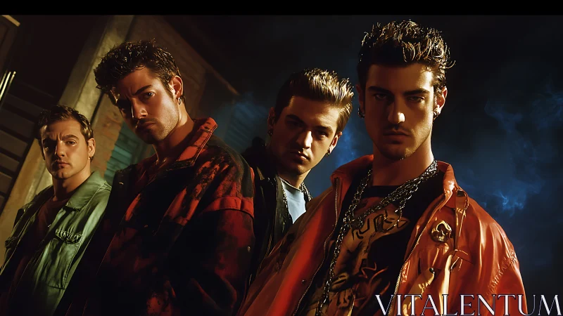 Four young men stand in stylized urban lighting and pose