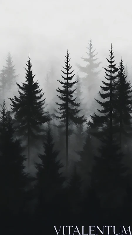 Fog-drenched conifer forest rises through muted grayscale mist.