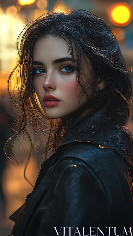 Cinematic portrait of wet-haired woman in leather jacket, bokeh lights