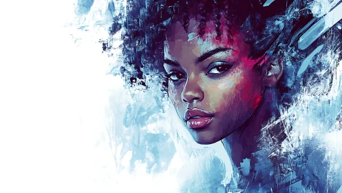 Digital portrait of young woman in cool blue brush textures