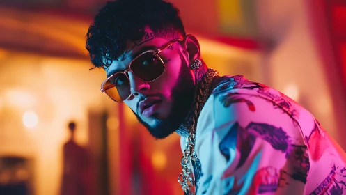 Neon lounge crooner in gilded chains and sunset lenses.