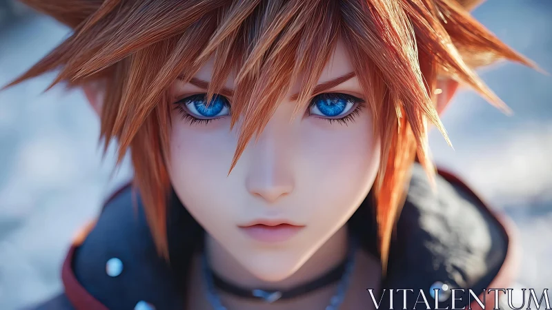 Hyper-detailed blue-eyed anime avatar in frontal close-up.