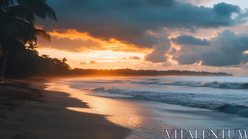 Coastal wave dynamics under low-angle tropical sunset illumination.