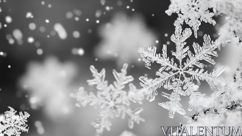 Macro photograph isolates crystalline snowflakes in soft bokeh field