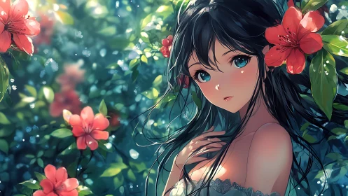 Garden muse in dappled light with vivid scarlet blooms.