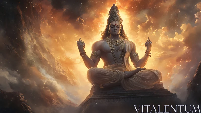 Divine meditative deity seated on pedestal amid fiery clouds