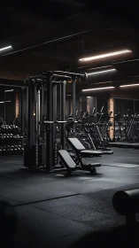 Commercial gym weight station under linear LED ceiling lighting