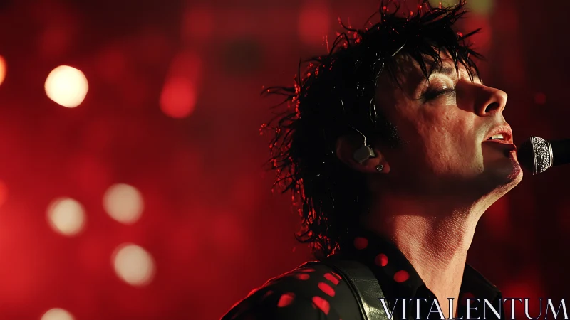 Rock vocalist sings into microphone under red stage lights