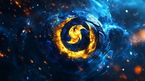 Blazing cosmic swirl cradled in cool electric nebula glow.