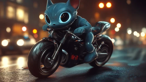 Cartoon cat-like rider on sport motorcycle at night street.