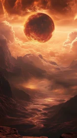 Fiery celestial body hovers above eroded canyon landscape