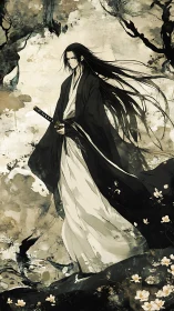 Samurai wanderer in ink-washed landscape with dynamic flow