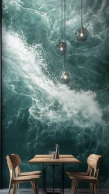 Dining table against large ocean wave mural background.