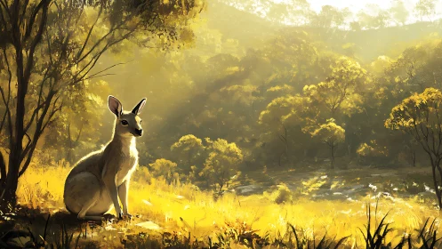 Sunlit kangaroo resting in golden eucalyptus valley panorama.