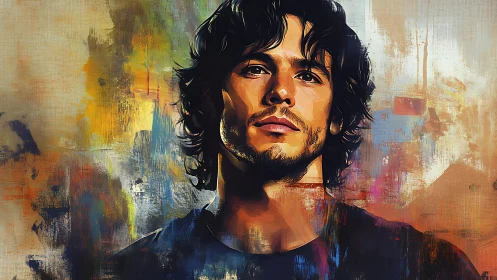 Male portrait against abstract colorful painted background.