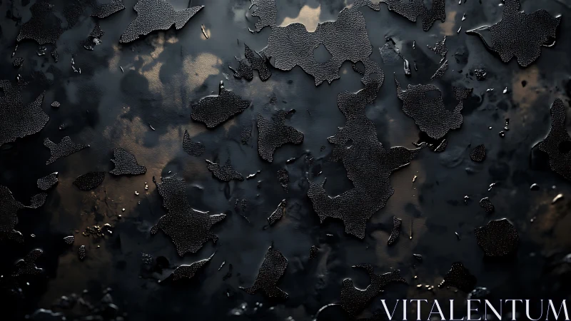 Textured black metallic surface with peeling abstract coating.