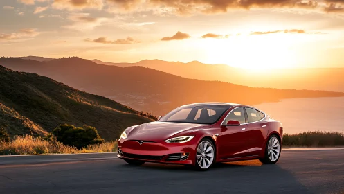 Red electric sedan is parked on a coastal road at sunset