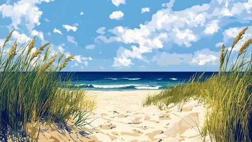 Sunny sandy beach path framed by coastal dune grass.
