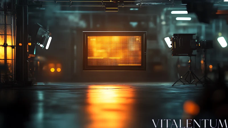 Warm glowing screen hovering in a moody tech studio.