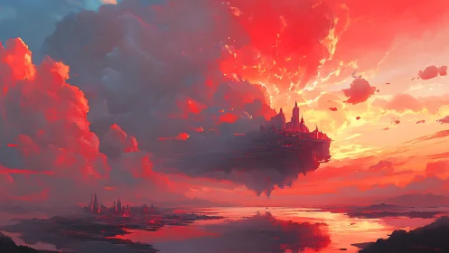 Digital painting of a floating citadel amid incandescent clouds.