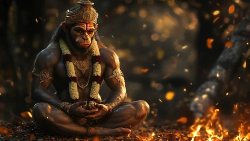 Divine simian warrior meditates before swirling forest fire